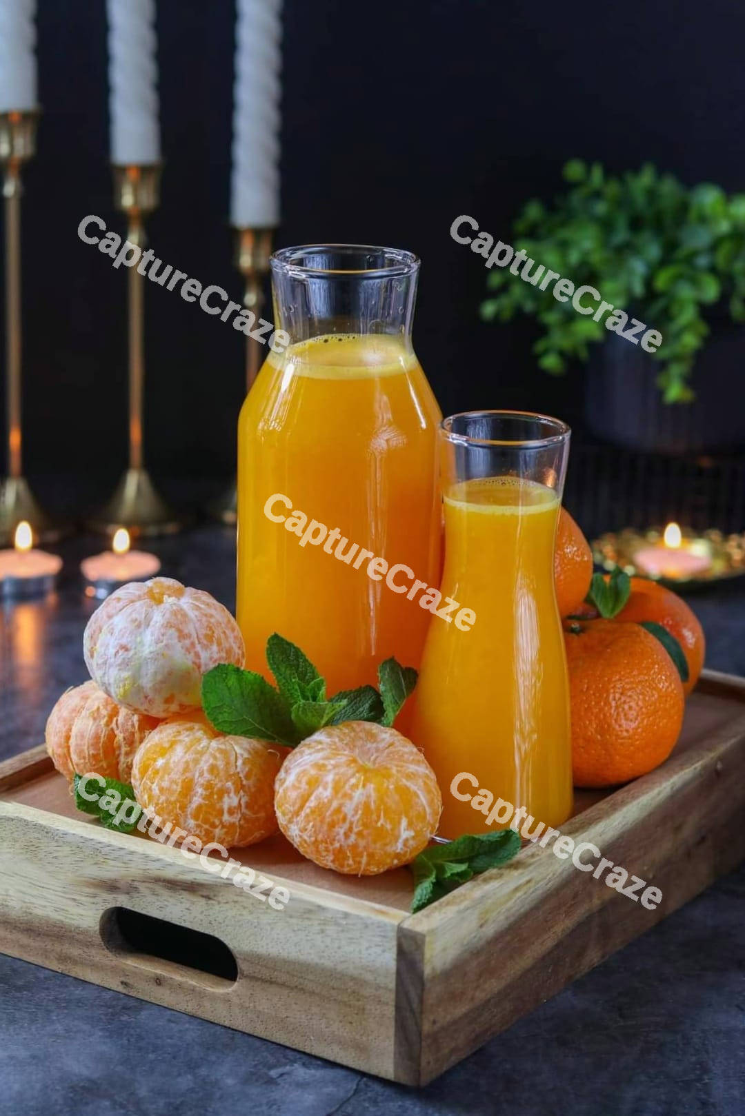 Tangerine Juice on a wooden tray